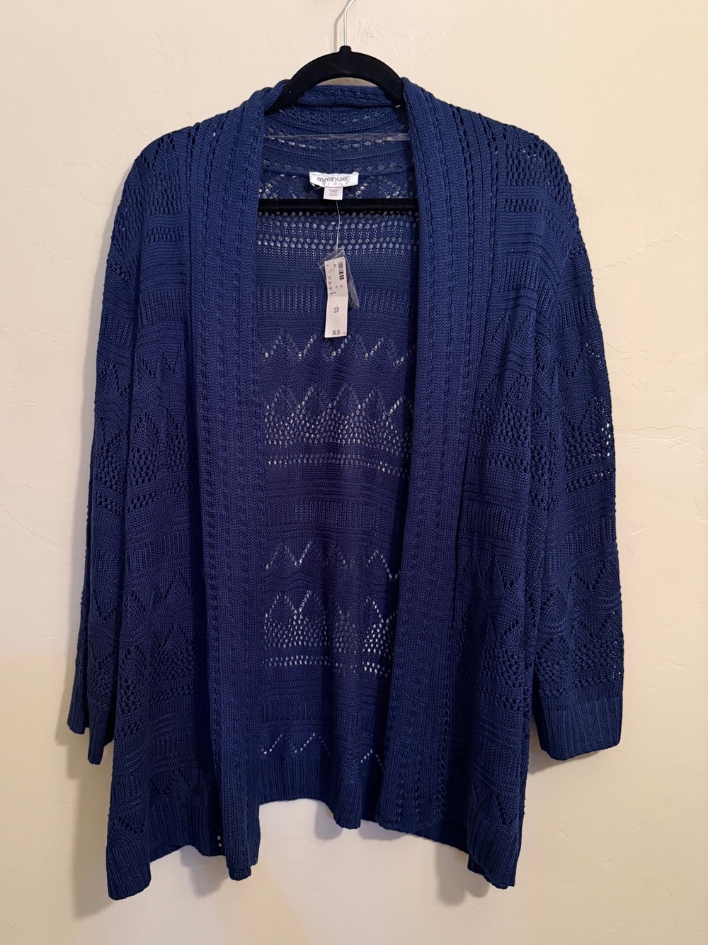 NWT Avenue Open Front Pointelle Knit Cardigan Sweater Blue Size 22/24